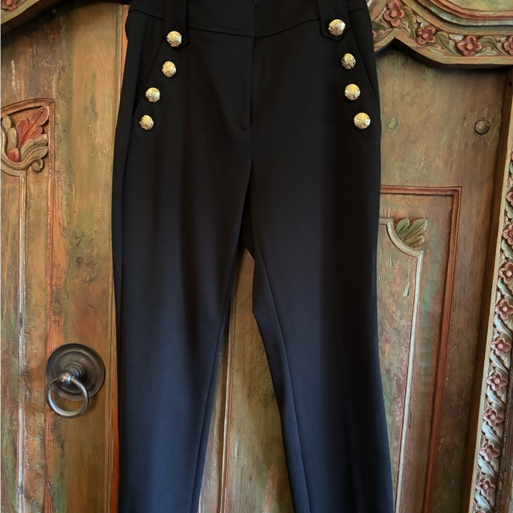 White House Black Market Black Trousers with Gold Button Accents